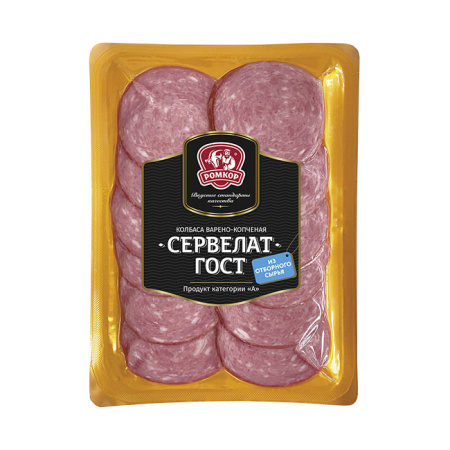 Колбаса варено-копченая Сервелат ГОСТ нарезка Ромкор в/у 90 г