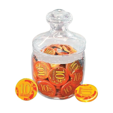 Монеты шоколадные Три Собаки Забияки 4,5 г*90 шт. стекл. банка 500 мл
