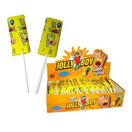 Конфета со вкусом Ананаса Jolly Boy с тату на палочке Три Соб@ки Забияки 10,5 г*50 шт.