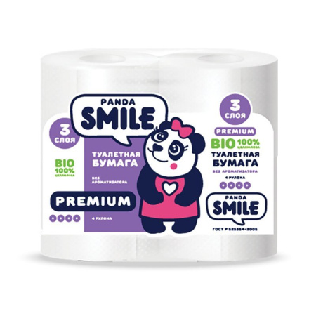 Бумага туалетная Панда Panda Smile классическая 3 слоя 4 рулона